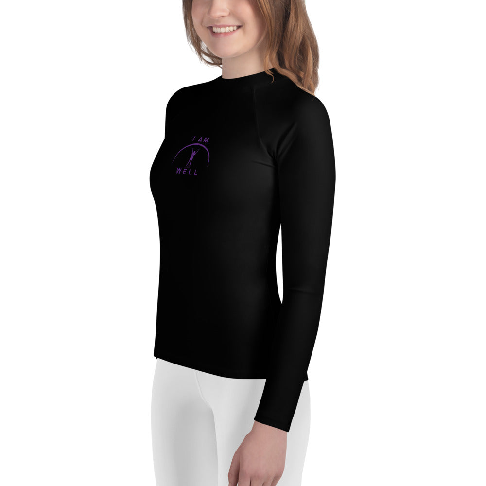 I AM WELL Young Ladies' Rash Guard Black w/ Purple Logo