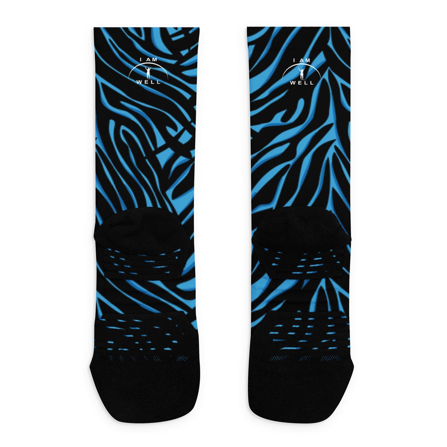 I AM WELL Women's Crew Socks Black and Blue Zebra w/ White Logo