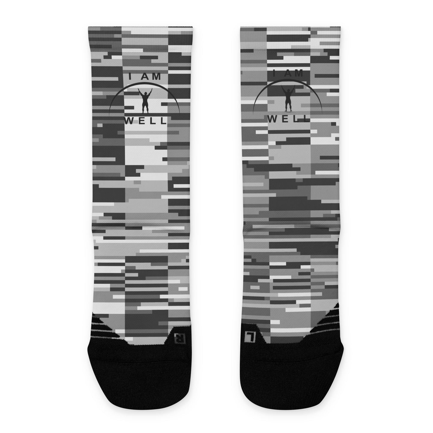 I AM WELL Men's Athletic Crew Socks - Black Digi Camo w/ Black Logo