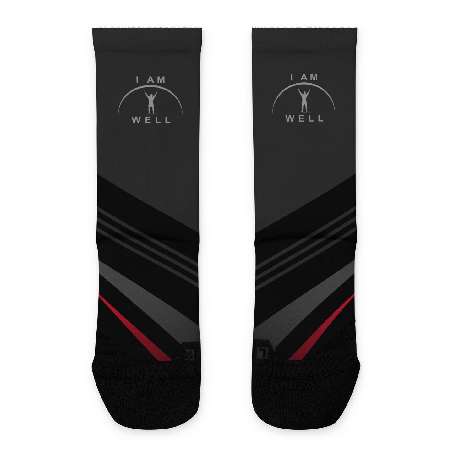 I AM WELL Men's Athletic Crew Socks - Black and Red Bolt w/ Grey Logo