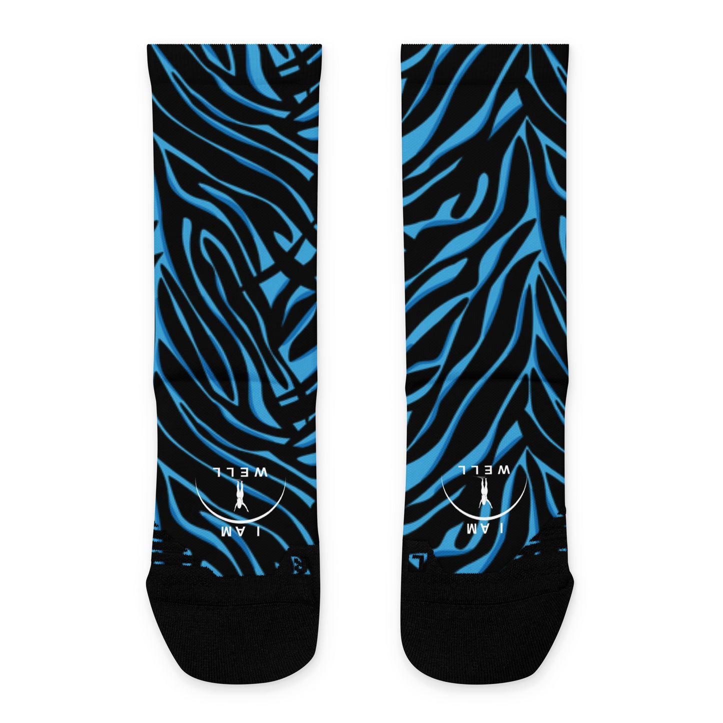 I AM WELL Women's Crew Socks Black and Blue Zebra w/ White Logo