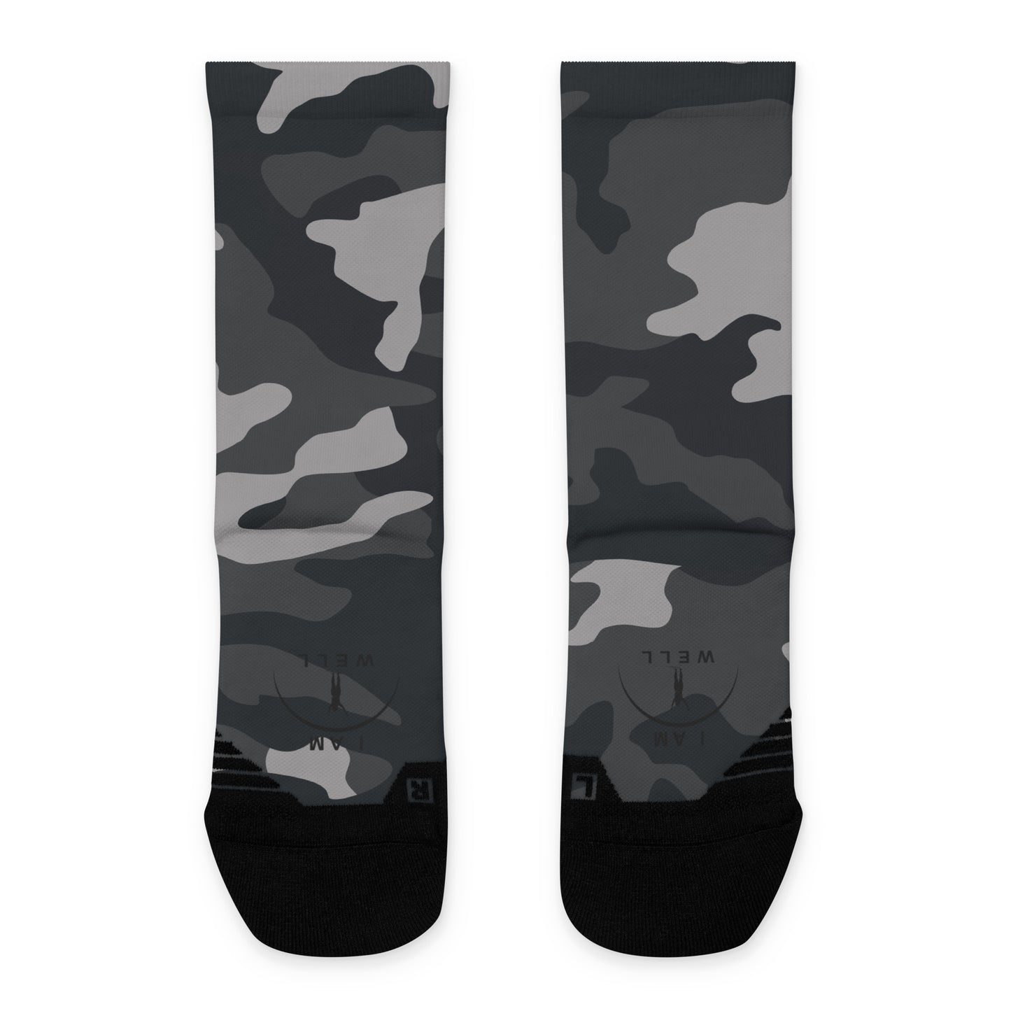 I AM WELL Women's Crew Socks Grey Camo w/ Black Logo