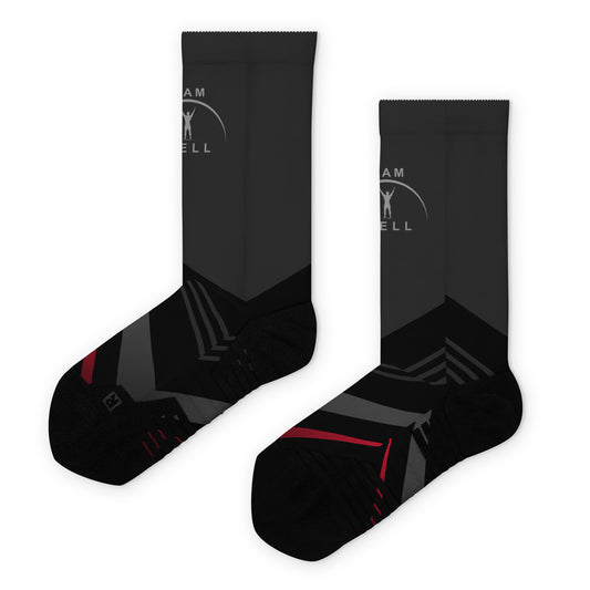 I AM WELL Men's Athletic Crew Socks - Black and Red Bolt w/ Grey Logo