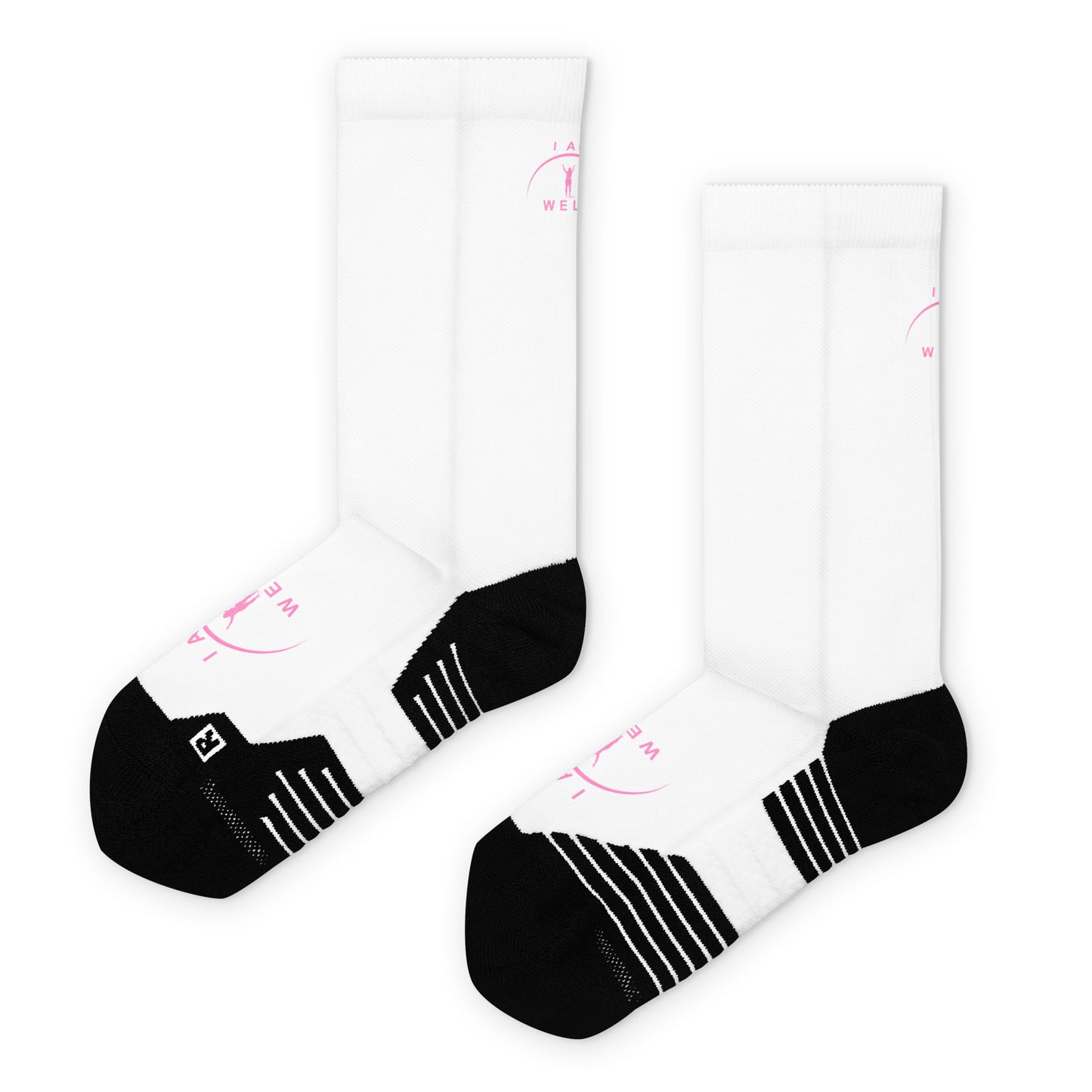 I AM WELL Women's Crew Socks White w/ Pink Logo