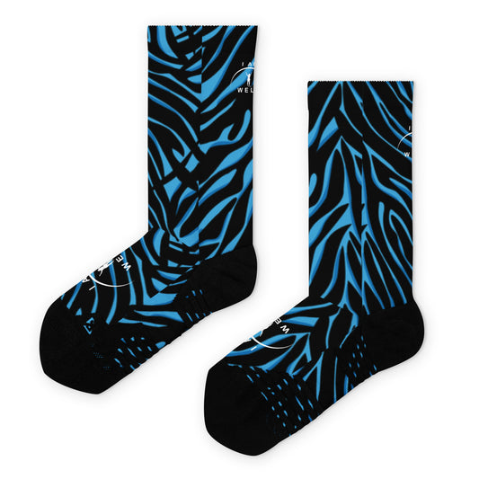 I AM WELL Women's Crew Socks Black and Blue Zebra w/ White Logo