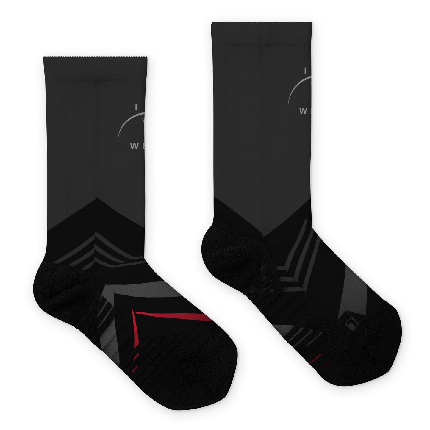 I AM WELL Men's Athletic Crew Socks - Black and Red Bolt w/ Grey Logo