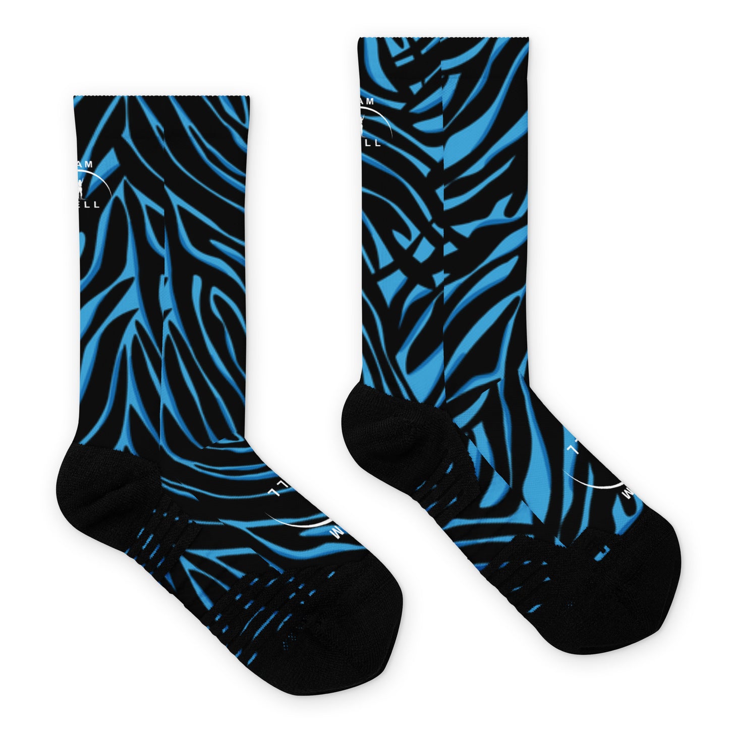 I AM WELL Women's Crew Socks Black and Blue Zebra w/ White Logo