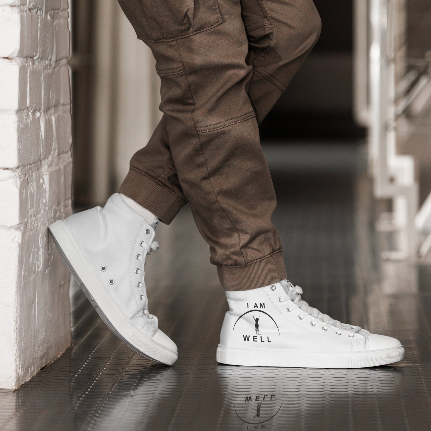 Women's High Top Canvas Shoes - White w/ Black Logo