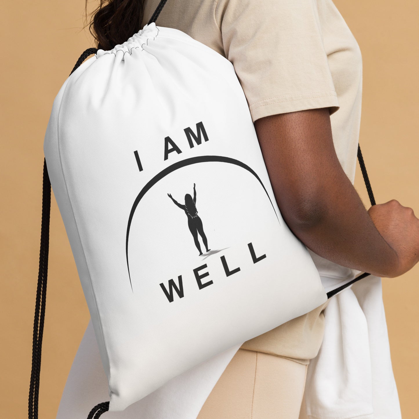 I AM WELL Women's Drawstring Bag - White w/ Black Logo