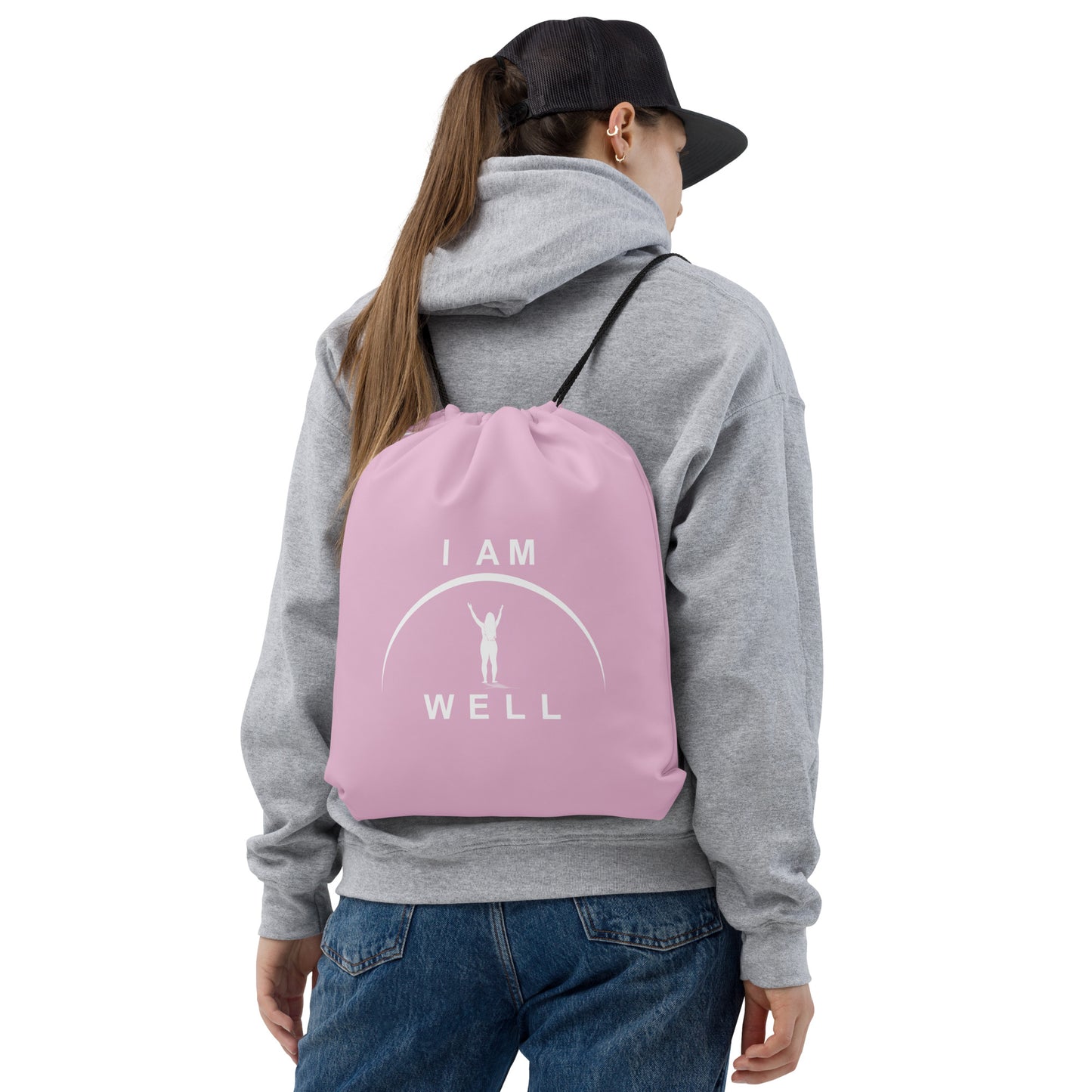 I AM WELL Women's Drawstring Bag - Pink w/ White Logo