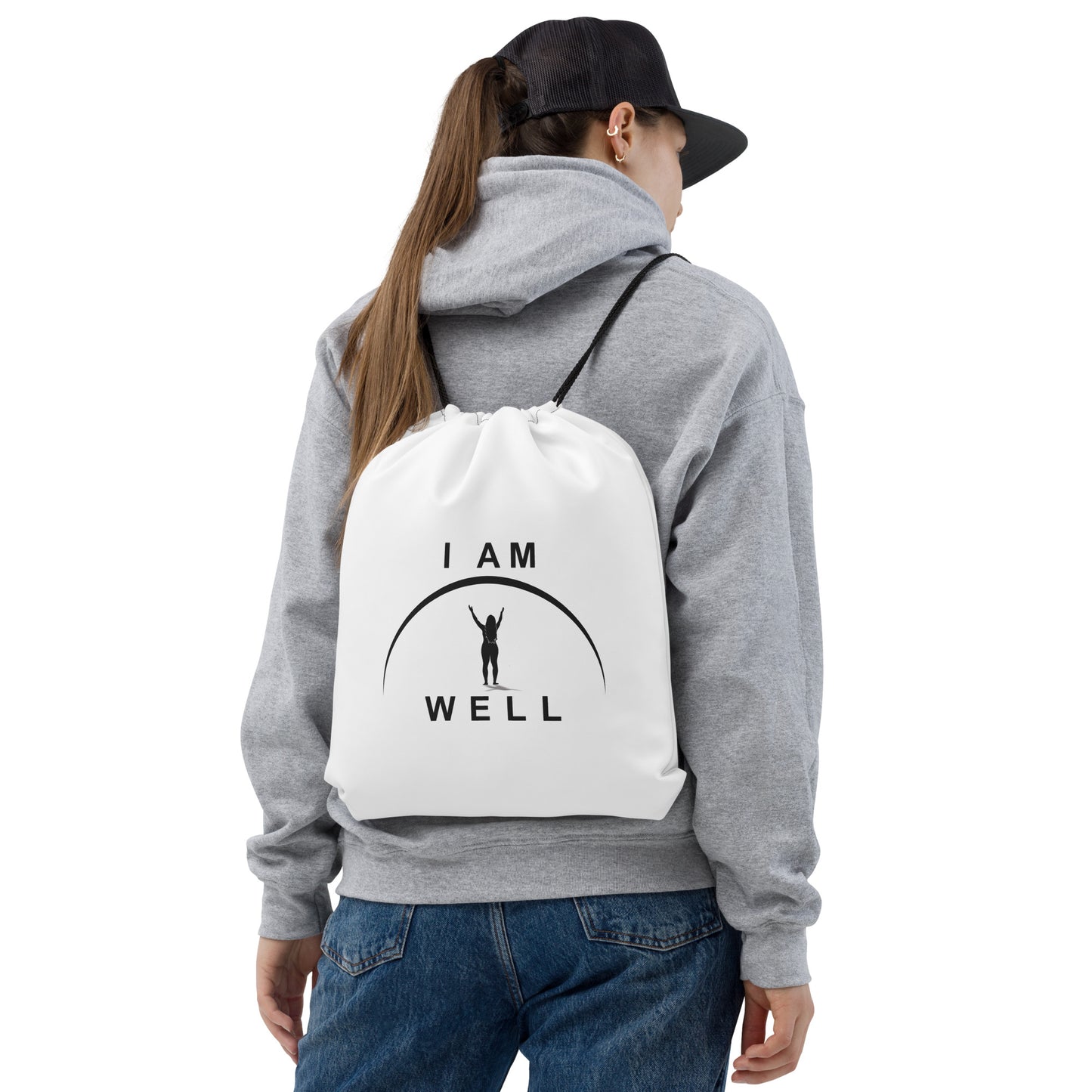 I AM WELL Women's Drawstring Bag - White w/ Black Logo