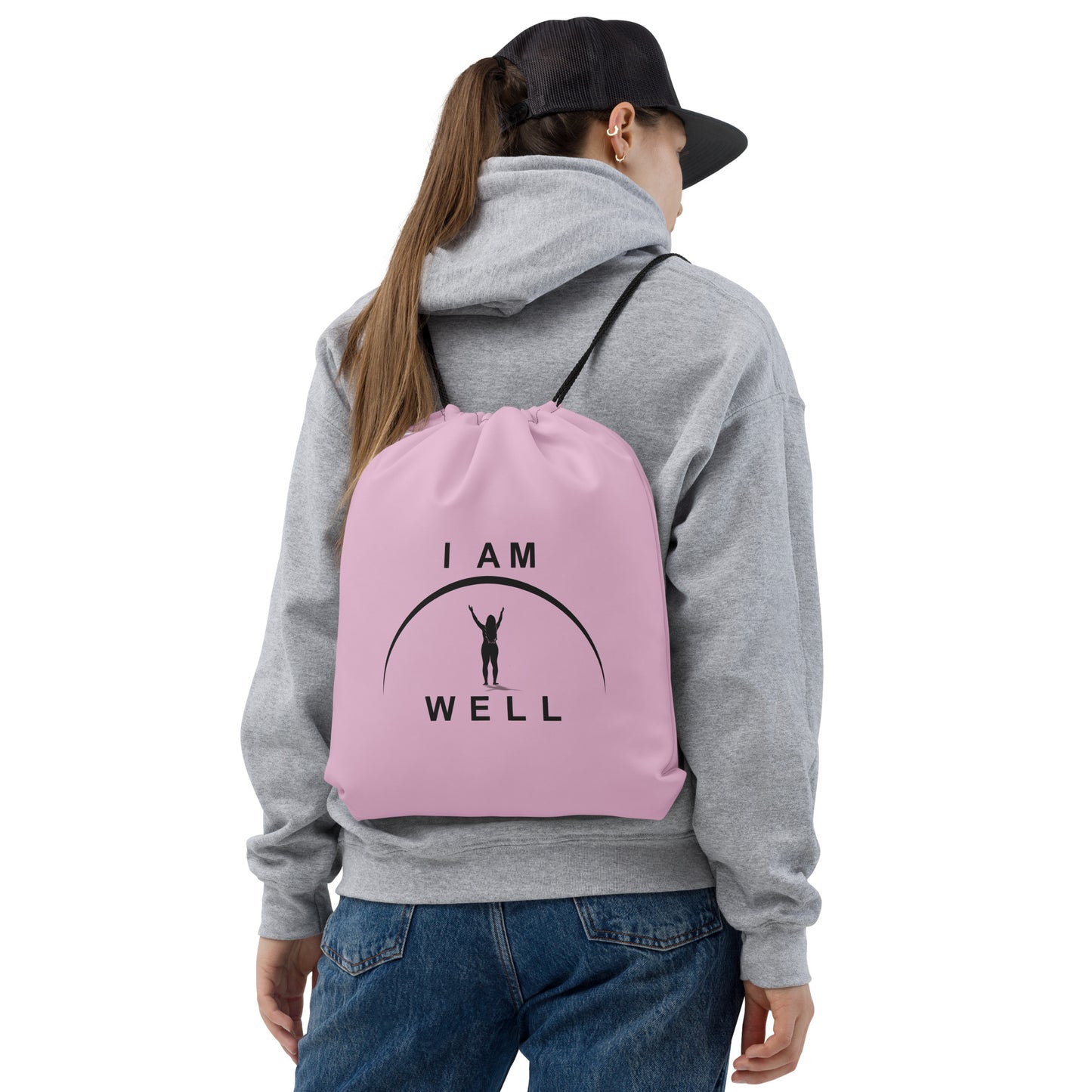 I AM WELL Women's Drawstring Bag - Pink w/ Black Logo