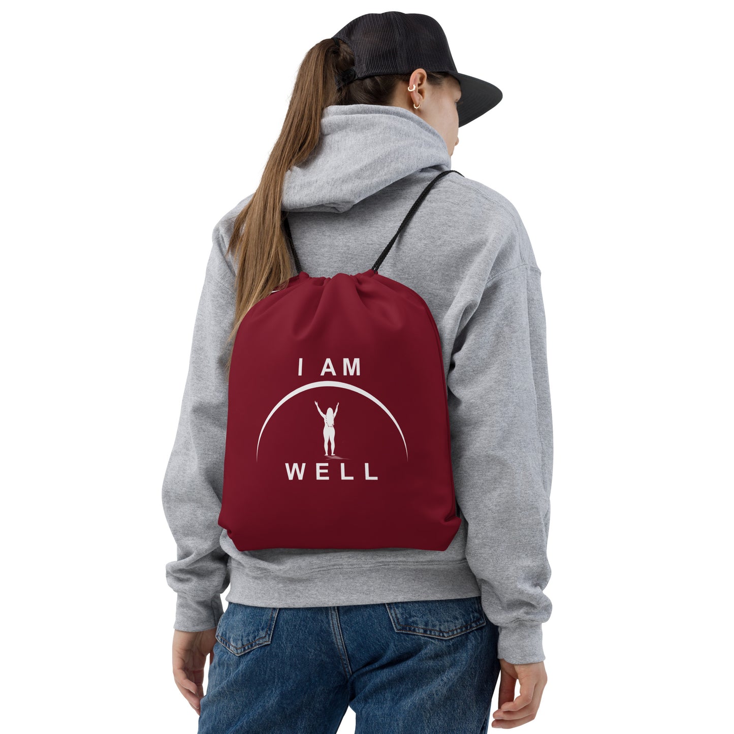 I AM WELL Women's Drawstring Bag - Burgundy w/ White Logo