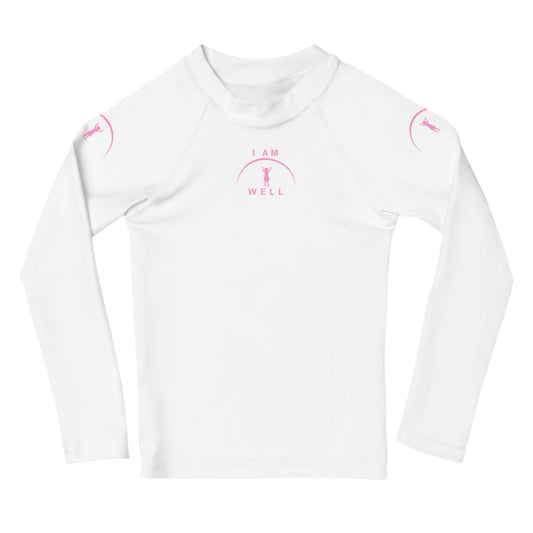 I AM WELL Girls' Rash Guard White w/ Pink Logo