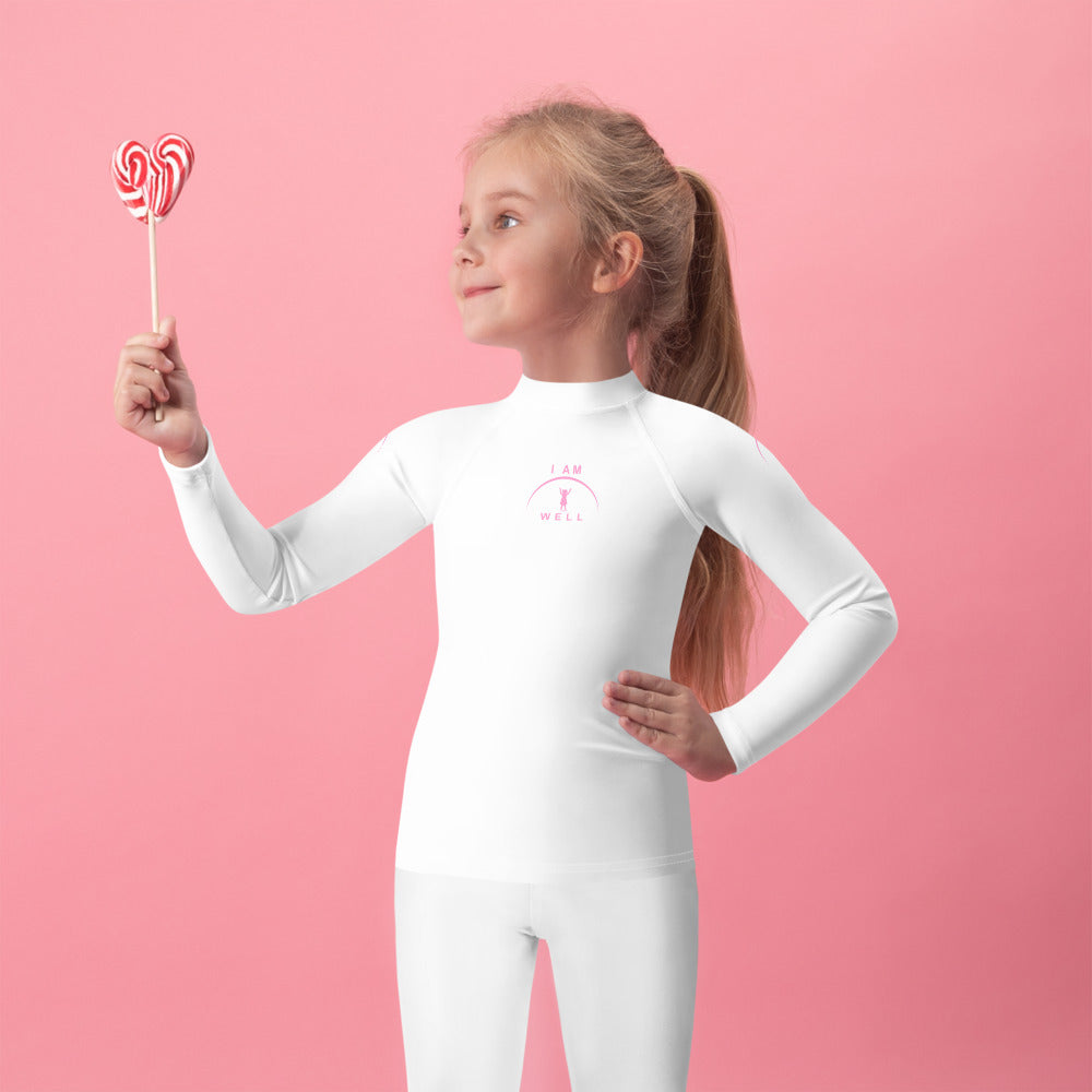 I AM WELL Girls' Rash Guard White w/ Pink Logo